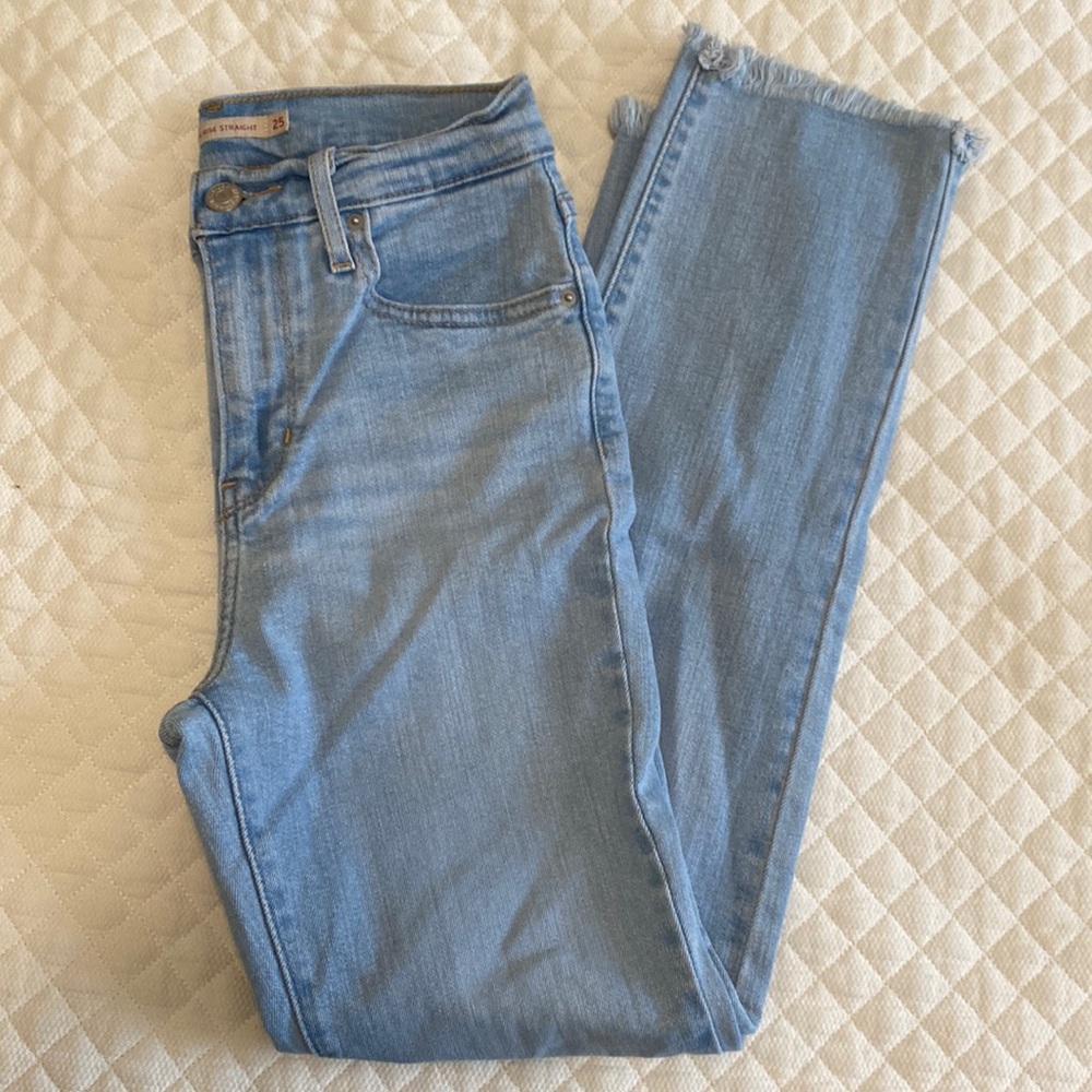 Levi’s 724 High Rise Straight Light Blue Denim Jeans with Frayed Bottoms